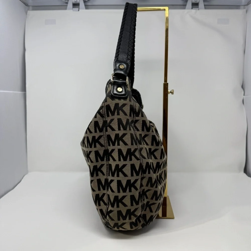 Michael Kors MK Logo Jacquard Hobo Shoulder Bag Black Tan Tassel Charm